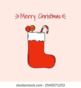 Cartão de Natal desenhado à mão com meia e inscrição Feliz Natal. Impressão de feriado, banner, cartaz. Ilustração de rabisco vetorial
