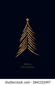 Hand drawn Christmas card template with gold xmas tree and star on top. Minimal elegant design style. Holiday, festive season greeting. Eps10 illustration.