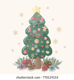 Hand drawn Christmas card with Christmas tree decorate with Christmas balls, socks, cookies and candy with soft vanilla background, snowflakes. Vector illustration. 