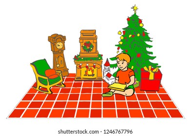 Hand drawn Christmas card. Vector sketch of boy in Christmas interior. Kid sitting near new year tree with gifts. 