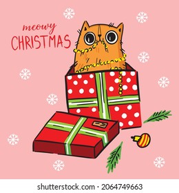 hand drawn Christmas card vector template with cute cat  and  happy holidays wish. For Poster, banner or postcard design , t shirt, prints, textile and more
