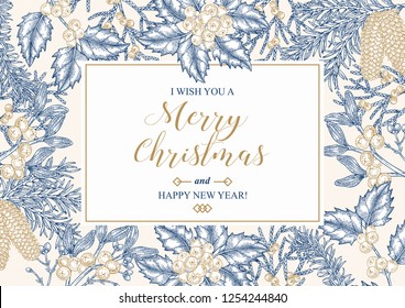 Hand drawn Christmas card with winter plants. Spruse, holly, mistletoe, juniper and cones vector illustration. Botanical design elements.