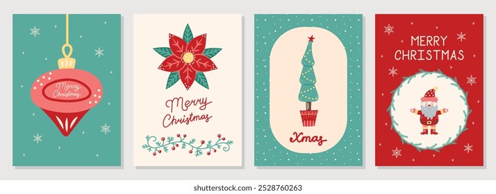 Hand Drawn Christmas Cards collection. Green and red colors. Christmas and New Year. Vector illustration.