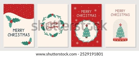 Hand Drawn Christmas Cards collection. Plant ornament. Green and red colors. Christmas and New Year. Vector illustration.