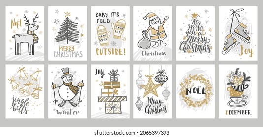 Hand drawn Christmas cards set. Seasonal wishes. Handwritten lettering. Deer, Snowman, Santa Claus, Christmas tree, wreath, toys, gifts, mittens, bells, skates. Sketches isolated on white background. 