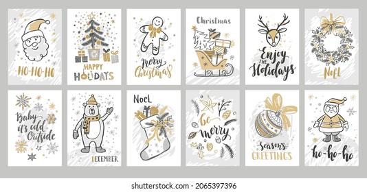 Hand drawn Christmas cards set. Seasonal wishes. Handwritten lettering. Deer, Sleigh, Santa Claus, Christmas tree, wreath, toys, gifts, bear, Gingerbread Man. Isolated on white background. 