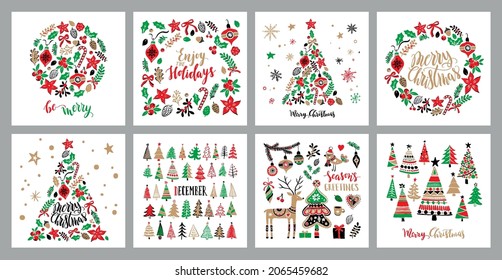 Hand drawn Christmas cards set. Seasonal wishes. Handwritten lettering. Christmas tree, toys, gifts, berries, holly, mistletoe, cones, acorns, oak leaves, ribbons. Isolated on white background.