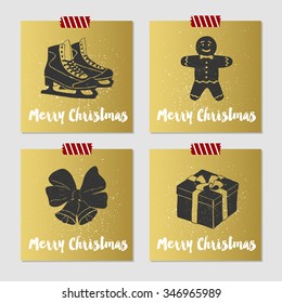 Hand drawn Christmas cards set with textured ice skates, gingerbread man, bells, and gift box vector illustrations.