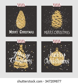 Hand drawn Christmas cards set with textured pine cones, christmas tree, and decorative ball vector illustrations.