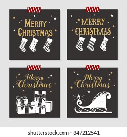 Hand drawn Christmas cards set with textured Christmas stockings, gift boxes, and sleigh vector illustrations.