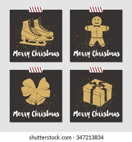 Hand drawn Christmas cards set with textured ice skates, gingerbread man, bells with ribbon, and gift box vector illustrations.