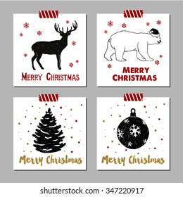 Hand drawn Christmas cards set with textured reindeer polar bear, fir tree, and Christmas tree ball vector illustrations.