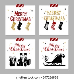 Hand drawn Christmas cards set with textured pine cone, christmas tree, decorative ball, and knitted hat vector illustrations.