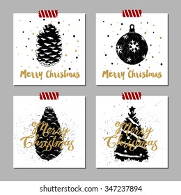 Hand drawn Christmas cards set with textured fir cones, Christmas tree ball, and Christmas tree vector illustrations.