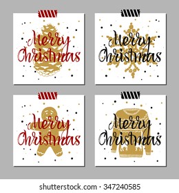 Hand drawn Christmas cards set with textured fir cone, snowflake, gingerbread man, Christmas sweater vector illustrations.