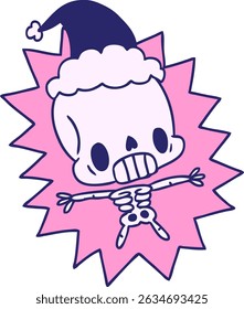 hand drawn christmas cartoon of kawaii skeleton in bright neon colors