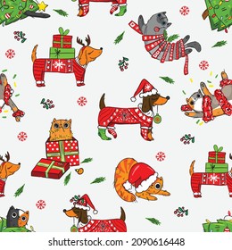 hand drawn christmas cat and dog pattern. Seamless vector backround  for T-shirts, textiles, wrapping paper, web. 
