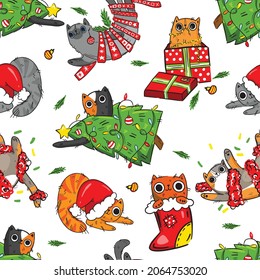 hand drawn christmas cat pattern. Seamless vector backround  for T-shirts, textiles, wrapping paper, web. 
