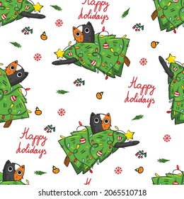 hand drawn christmas cat pattern. Seamless vector backround  for T-shirts, textiles, wrapping paper, web. 

