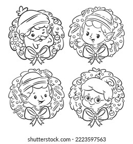 Hand drawn Christmas character set of coloring