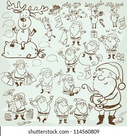 Hand drawn Christmas characters and elements, cartoon Santa and Rudolf, sketch