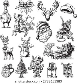 Hand Drawn Christmas Clipart Bundle with Santa Reindeer Sleigh and Nutcracker Vector