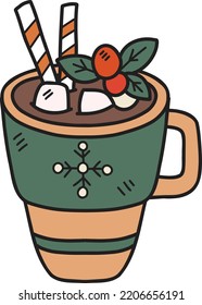 Hand Drawn Christmas Cocoa with marshmallows coffee mug illustration isolated on background