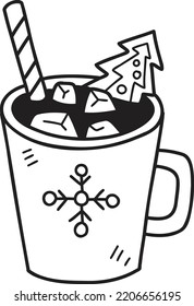 Hand Drawn Christmas Cocoa with marshmallows coffee mug illustration isolated on background
