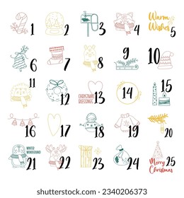 Hand drawn christmas coloured outline advent calendar with animal characters