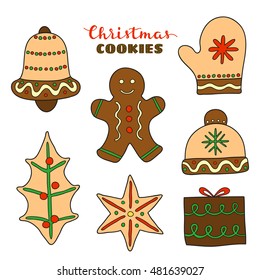 Hand drawn Christmas cookies with icing and decor isolated on white background.