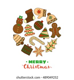 Hand drawn Christmas cookies with icing composed in circle shape on white background.