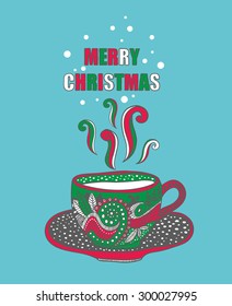 Hand drawn Christmas cup with hot drink. Vector illustration.