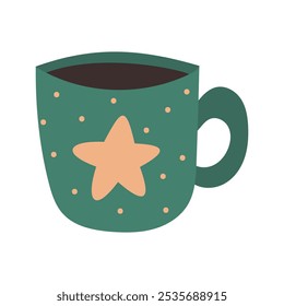 Hand drawn Christmas cup of tea in vector, isolated on a white background. Green tea cup with star print