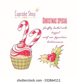 Hand Drawn Christmas Cupcake With Holly, Candy Cane And Doodle Buttercream For Pastry Shop Menu. Vector Illustration