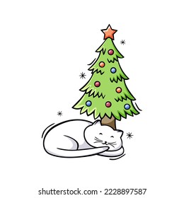 Hand drawn Christmas cute cat is sleeping under the Christmas tree in doodle sketch style. Christmas cat. Vector illustration for icon, background, frame design.