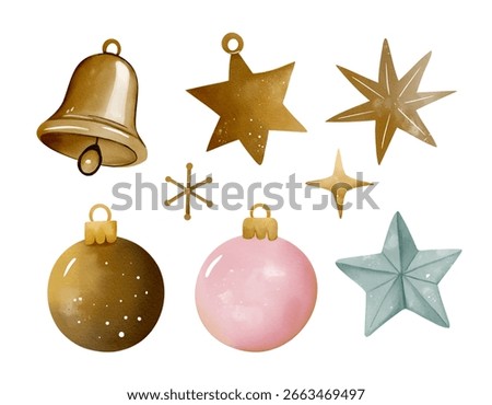 Hand drawn christmas decor set. Watercolor baubles in soft pink and shiny gold tones.
 Stars, bell
