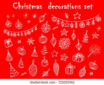 Hand drawn christmas decoration elements set on red background for greeting cards and patterns