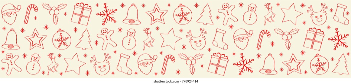 Hand drawn Christmas decorations - panoramic banner. Vector.