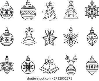 Hand drawn christmas decorations set including ornaments trees bells and snowflakes