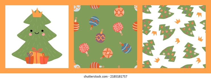 Hand Drawn Christmas Decorations and Christmas Tree Vector Seamless Patterns and Card.Yellow,Green,Orange,Blue and Pink on White .Cute Childish Card for Printing on Fabric and Paper.             
