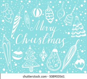 Hand drawn christmas decorations.Hand drawn Merry Christmas words.Calligraphy.Ink and pen nib.Lettering Merry Christmas.