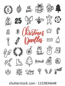 Hand drawn Christmas decorative elements for banners, cards, prints, posters, stamps, scrapbooking, wrapping paper, etc. Snowman, present, branches, trees, sweets, lettering, etc. Doodles.