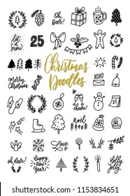Hand drawn Christmas decorative elements for banners, cards, prints, posters, stamps, scrapbooking, wrapping paper, etc. Snowman, present, branches, trees, sweets, lettering, etc. Doodles.