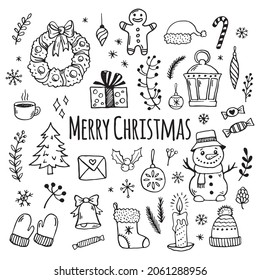Hand drawn Christmas decorative elements in doodle style