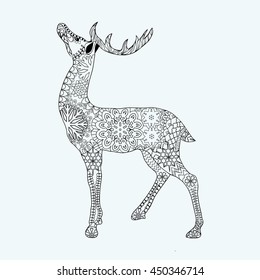 Hand drawn Christmas deer  for adult anti stress Coloring Page, T-shirt, logo, tattoo  zentangle and floral design elements isolated on white background.