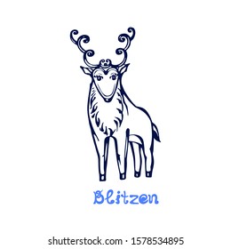 Hand drawn Christmas deer Blitzen isolated on white background. Vector illustration