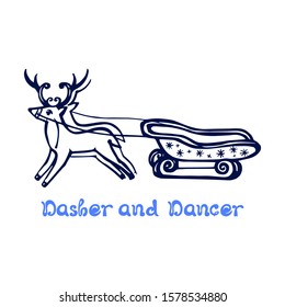Hand drawn Christmas deer Dasher and Dancer with sleigh isolated on white background. Vector illustration