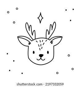 Hand drawn christmas deer face isolated on white background. New Year vector animal sketch, doodle icon or holiday toy illustration