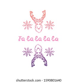 Hand drawn Christmas deer with handwritten text isolated on white background. Gradient from coral and deep violet. Inscription: Fa la la la la