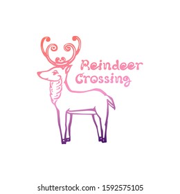 Hand drawn Christmas deer with handwritten text isolated on white background. Gradient from coral and deep violet. Inscription: Reindeer crossing